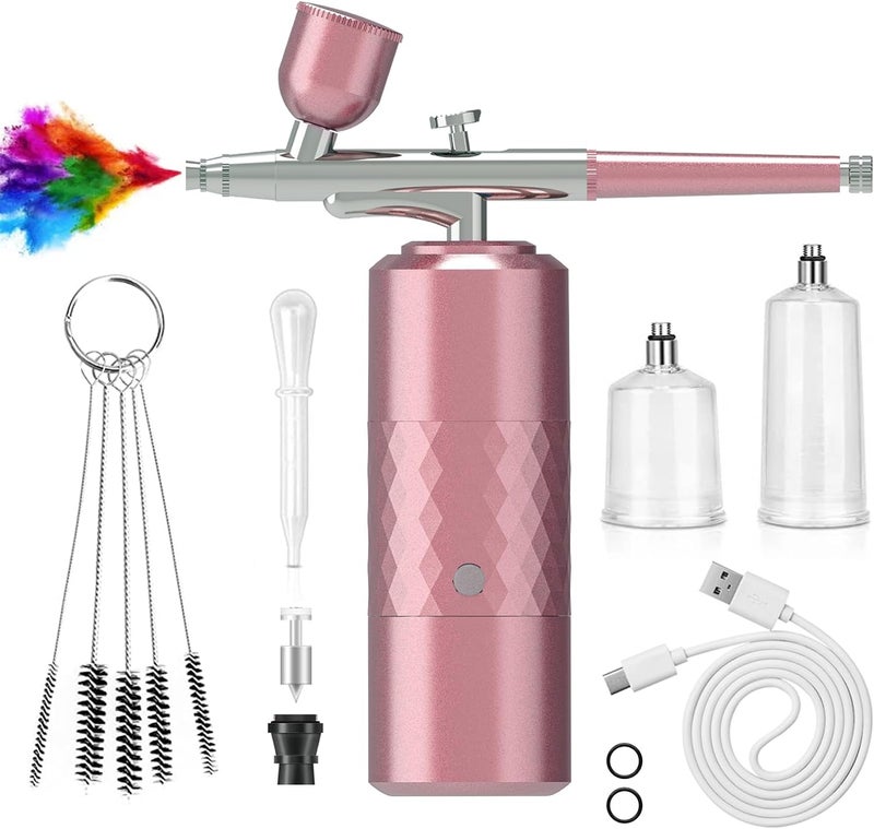 crpen Airbrush Kit Rechargeable Cordless Airbrush Compressor Portable Handheld Airbrush Air Brush for Model Painting,Nail Art,Cake decoration,Makeup, Barber,Tattoo (Pink) - Image 1